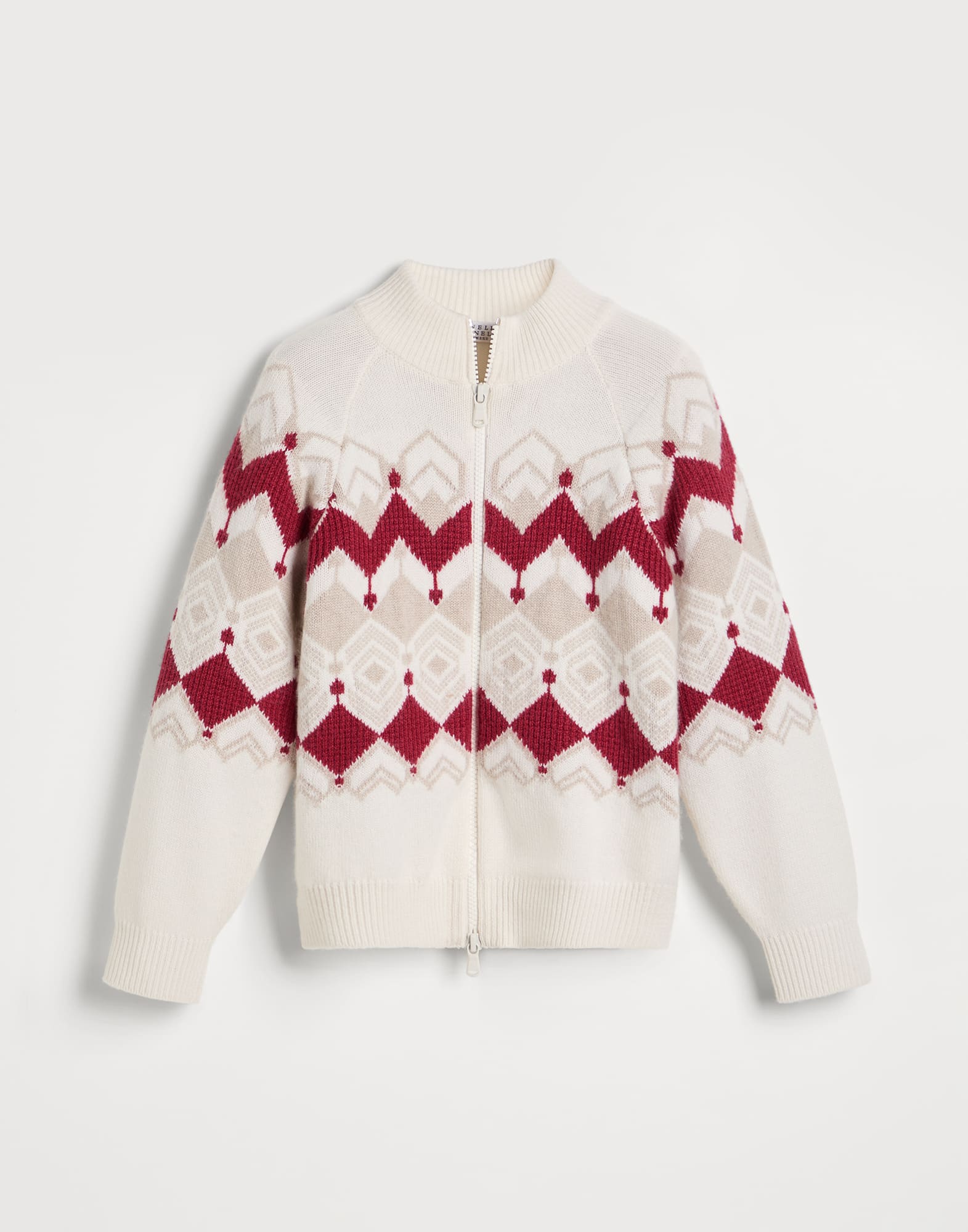 Cardigan Jacquard con zip Rosso Bambino - Brunello Cucinelli