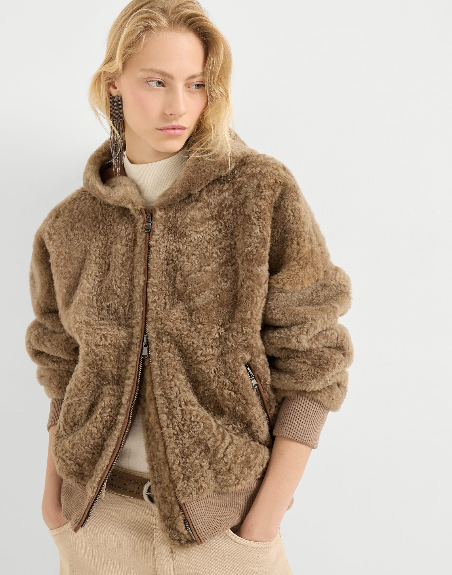 ファジーシアーリング ブルゾン ブラウン レディース - Brunello Cucinelli