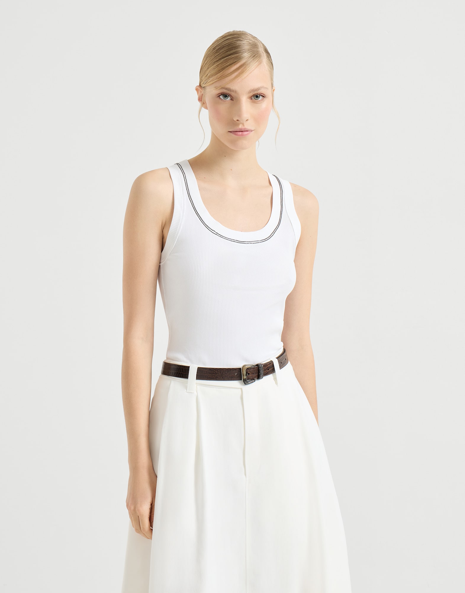 Top in jersey a costina Bianco Donna - Brunello Cucinelli