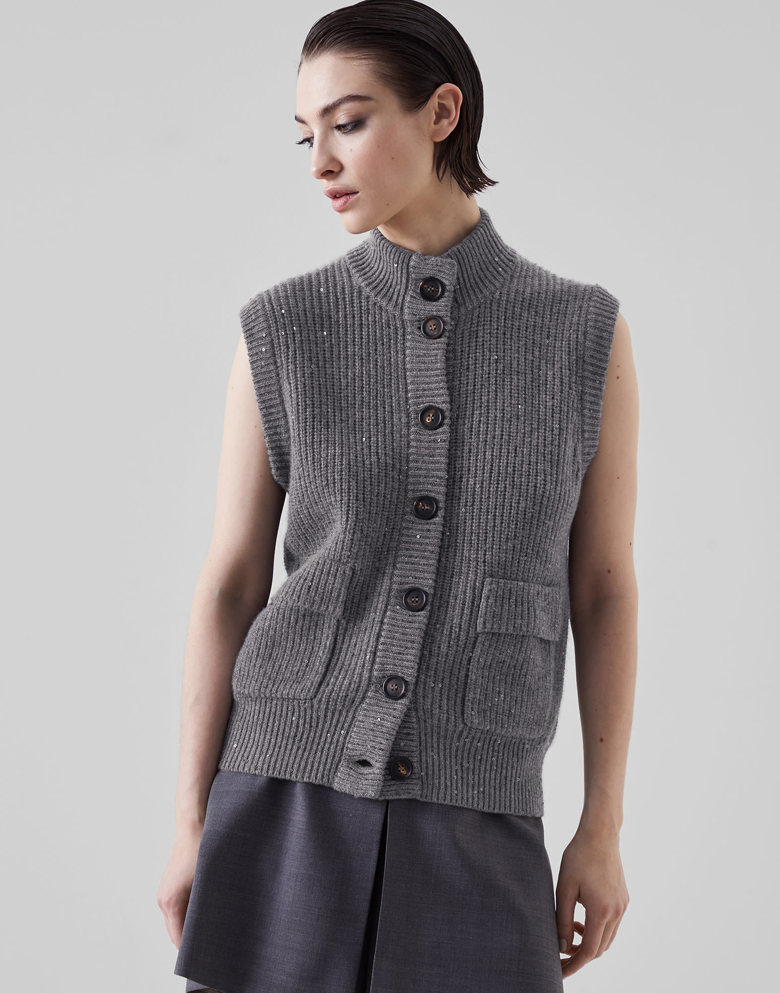 Cashmere and silk Diamond yarn vest Lead Woman - Brunello Cucinelli