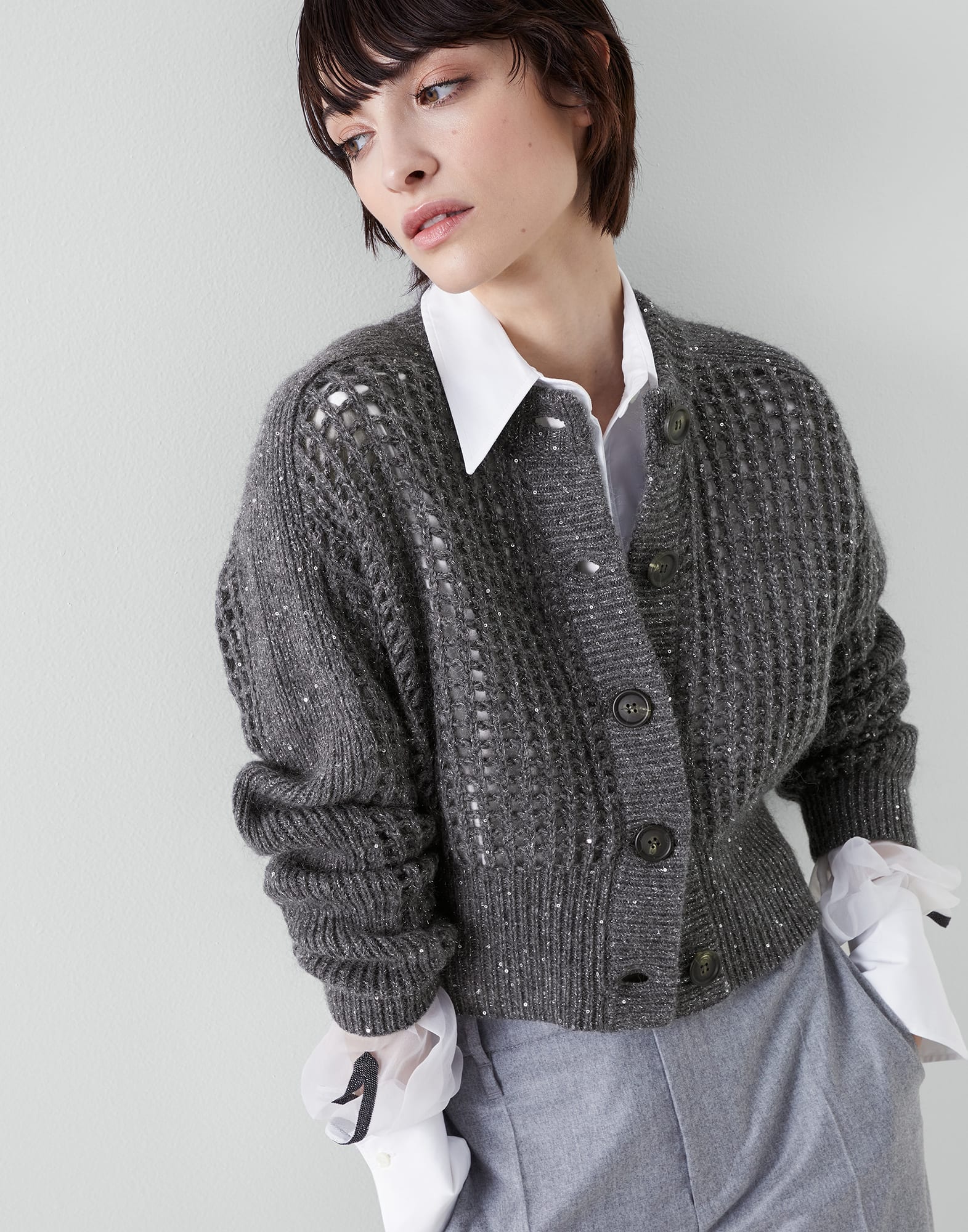 Wool, cashmere and mohair cardigan Dark Grey Woman - Brunello Cucinelli
