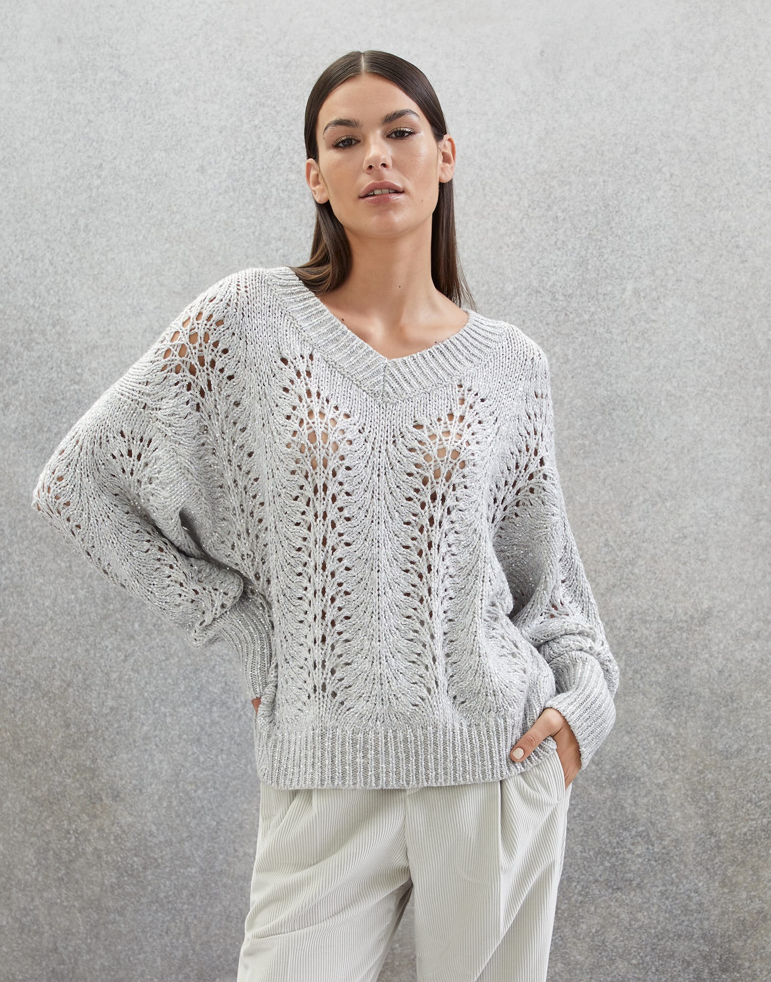 Cashmere Feather yarn sweater Pearl Grey Woman - Brunello Cucinelli