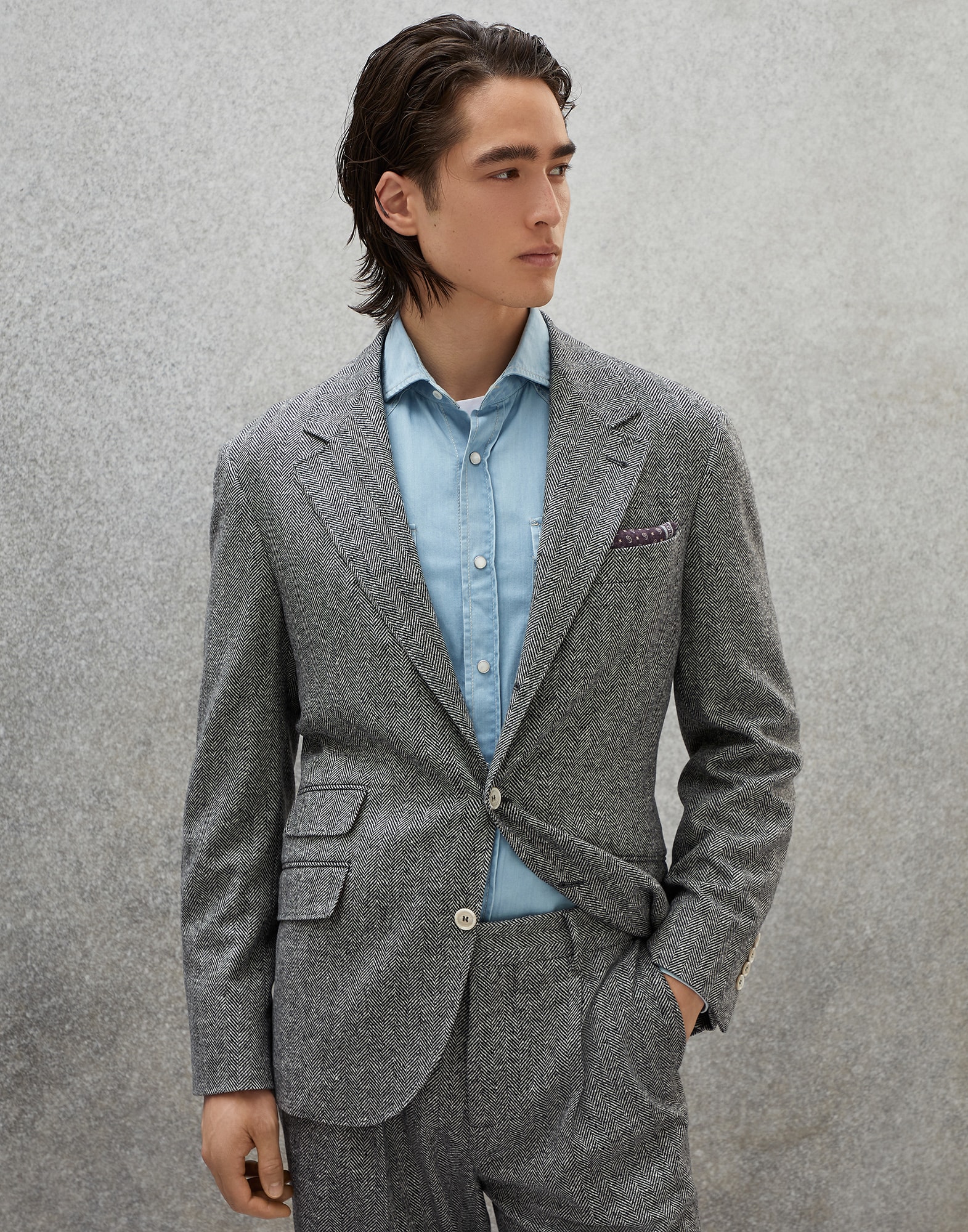 Chaqueta deconstruida Chevron Gris Medio Hombre - Brunello Cucinelli
