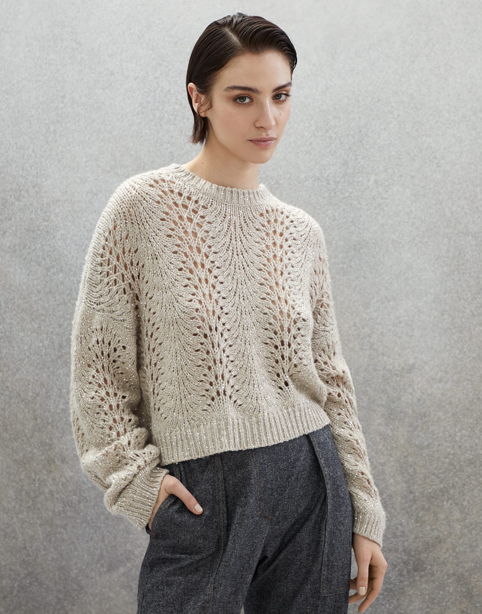 Cashmere Feather yarn sweater Cool Beige Woman - Brunello Cucinelli