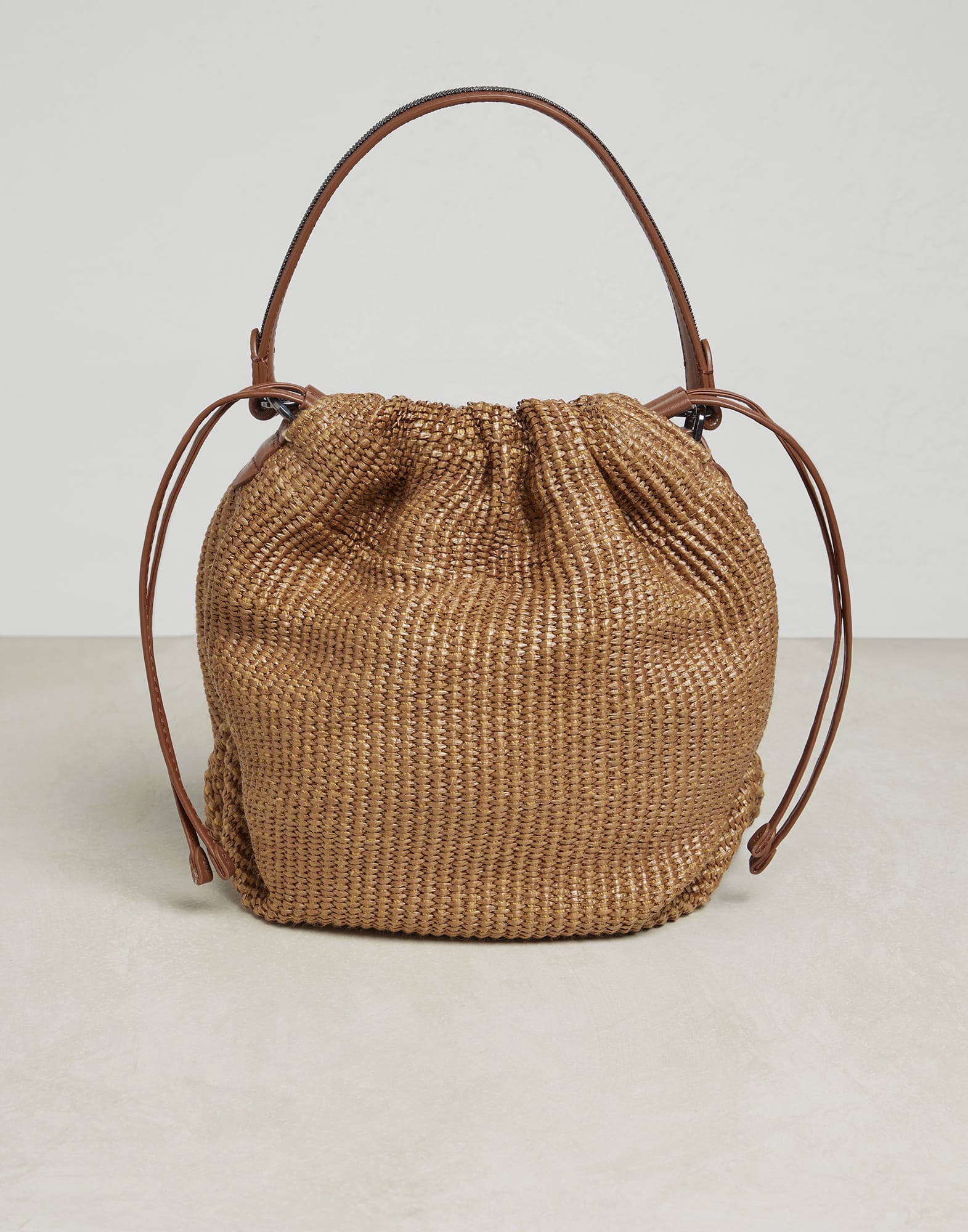 Straw Bag Flat Leather Handle Double with Detachable Inside Pocket