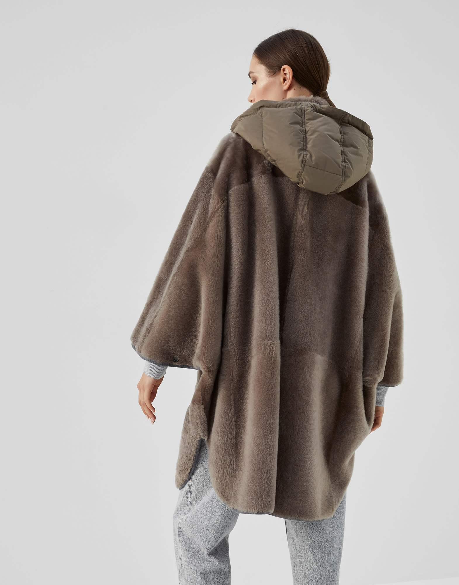 Brunello Cucinelli Shearling Zip-Front Hooded Poncho