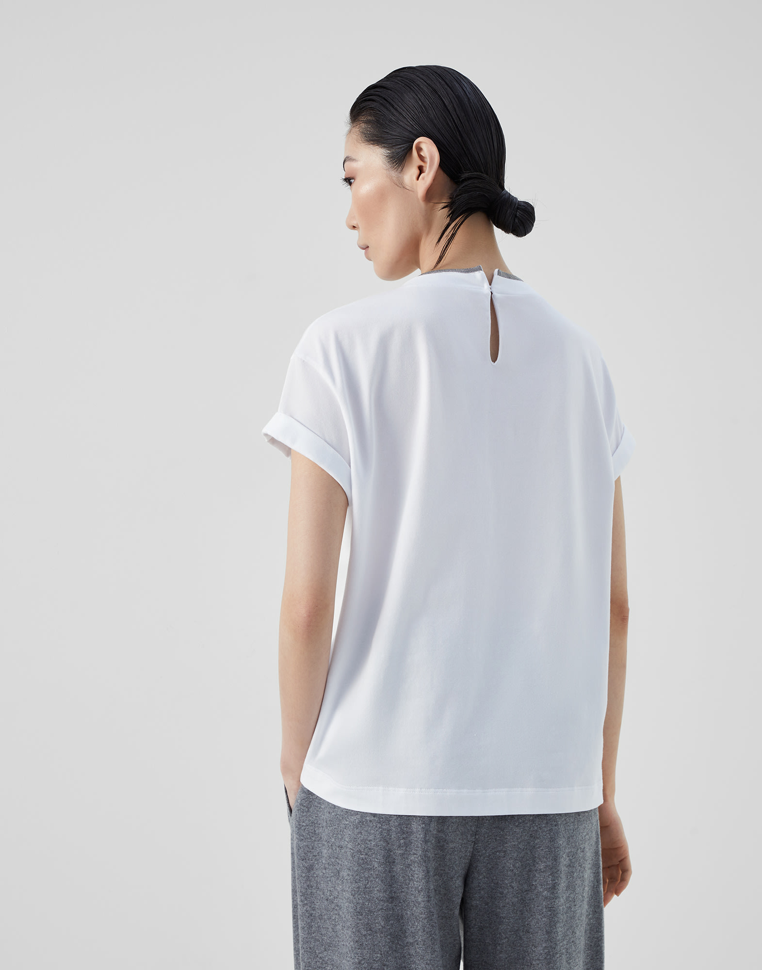 $745 Brunello Cucinelli Womens White Round-Neck Cuffed-Sleeve Tee