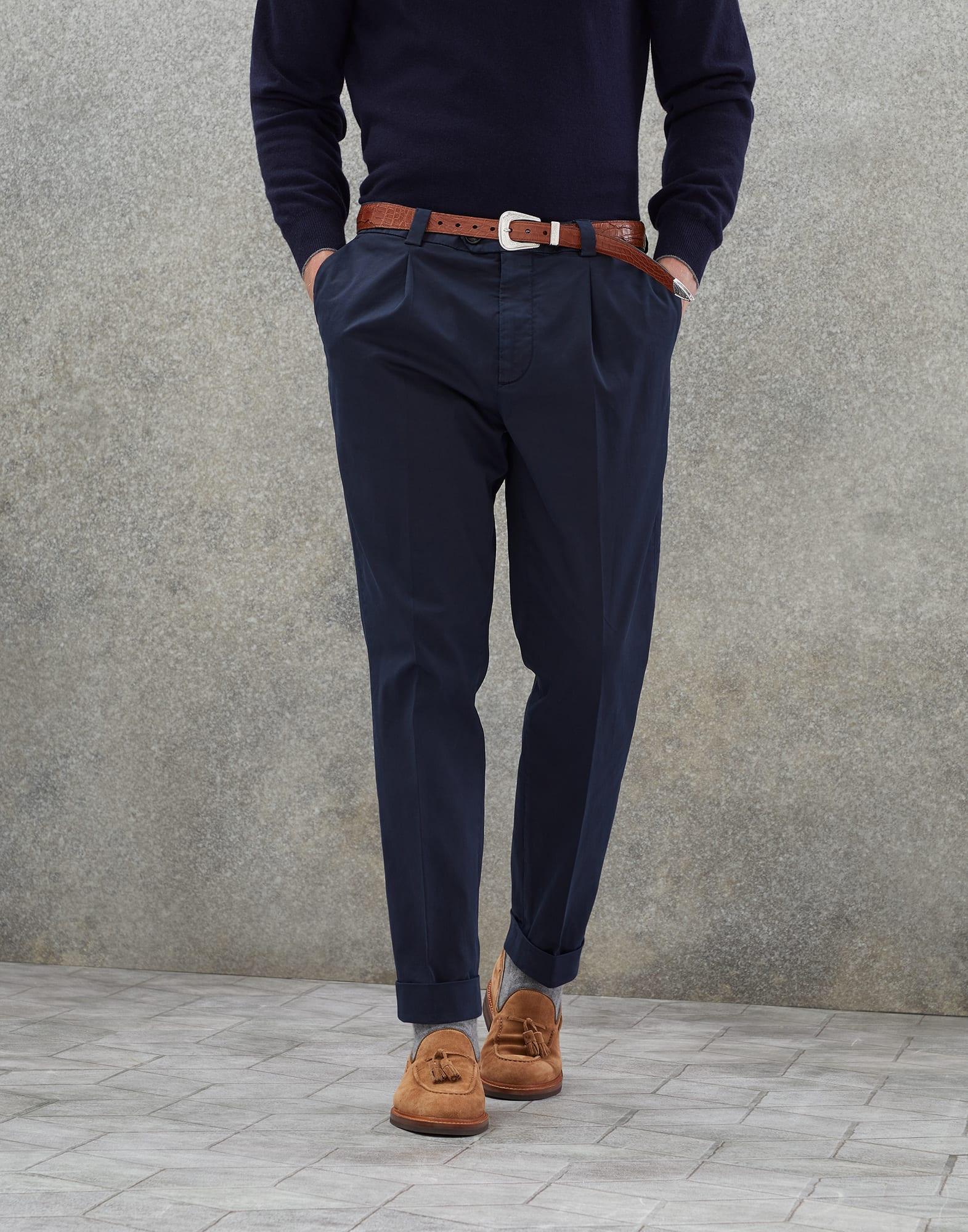 Pantalon en gabardine confort Bleu Marine Homme - Brunello Cucinelli