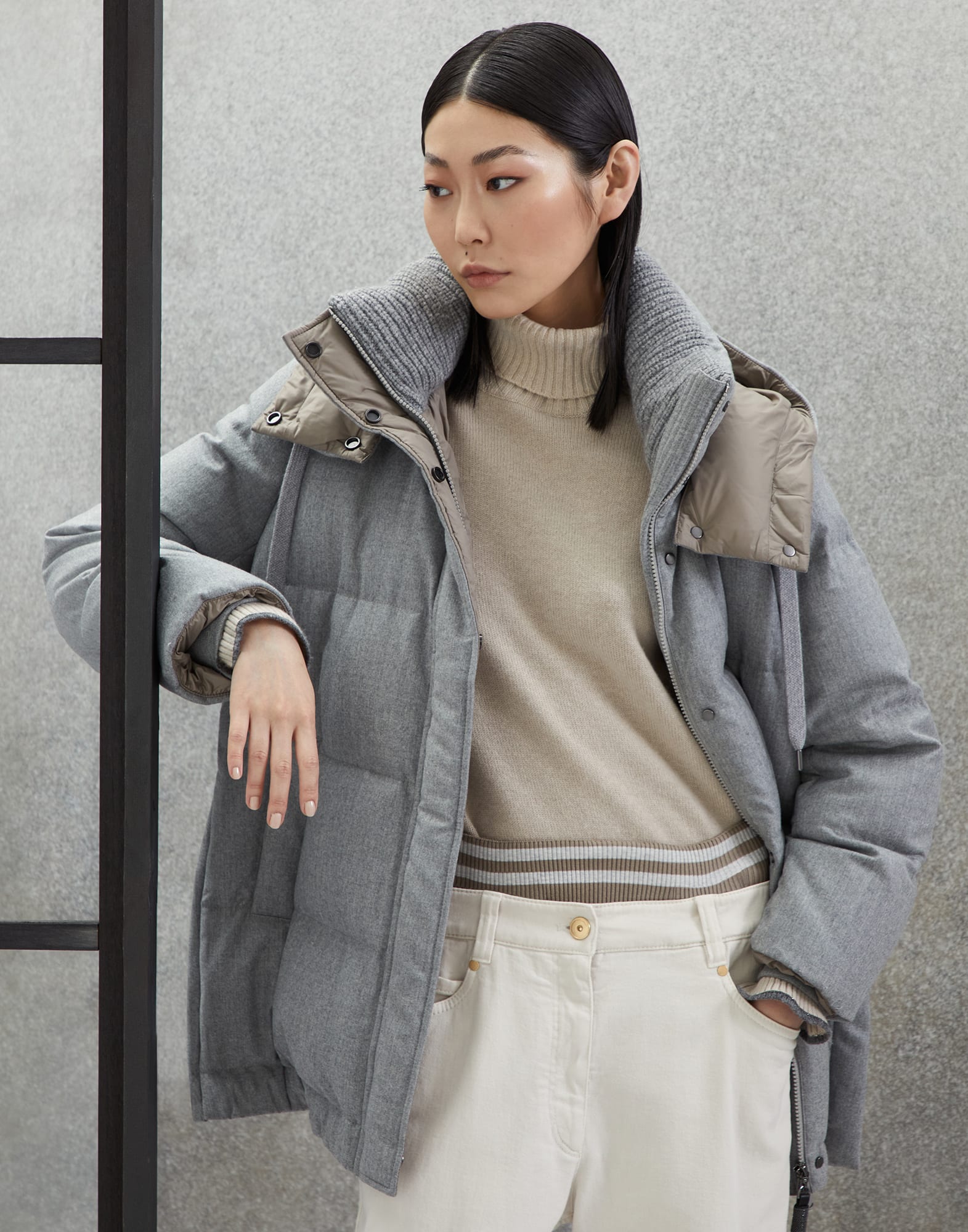 Down jacket with detachable hood Pearl Grey Woman - Brunello Cucinelli 