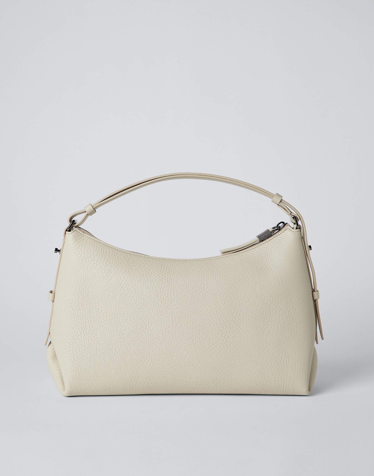 Brunello Cucinelli, Texture Calfskin Hobo Bag with monili, White, One Size