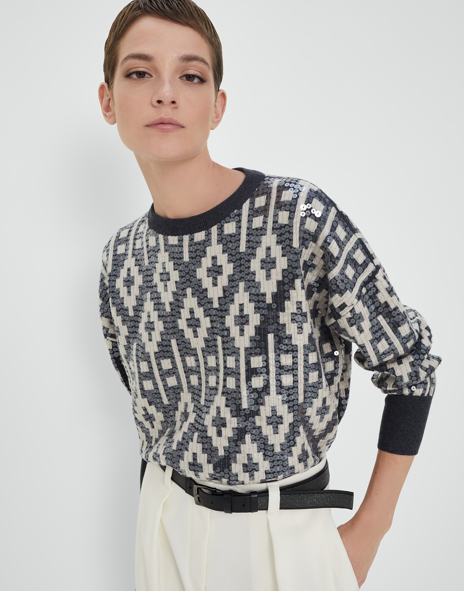Dazzling Vintage Jacquard Sweater Lignite Woman - Brunello Cucinelli