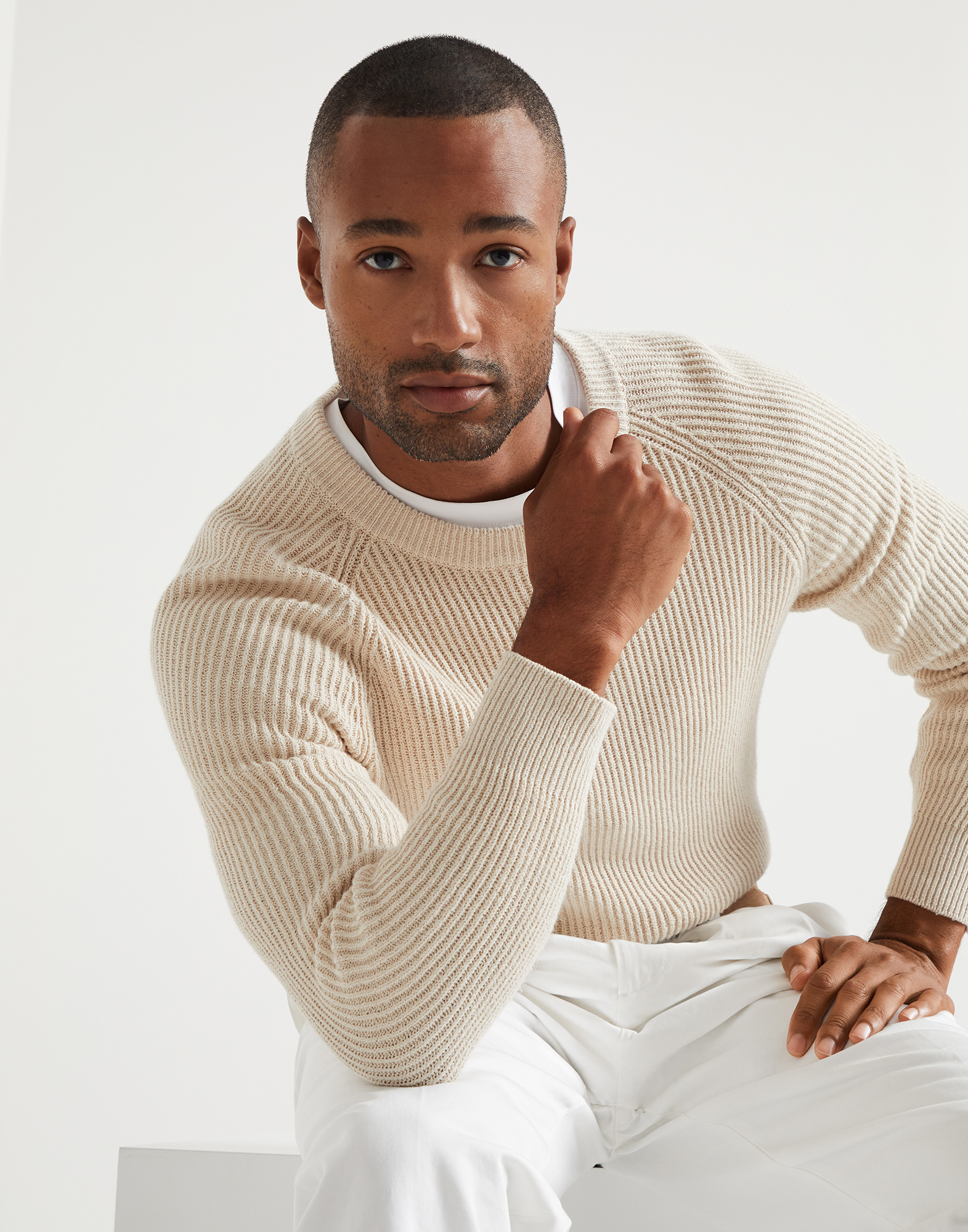 Malfilé cotton sweater Light Brown Man - Brunello Cucinelli